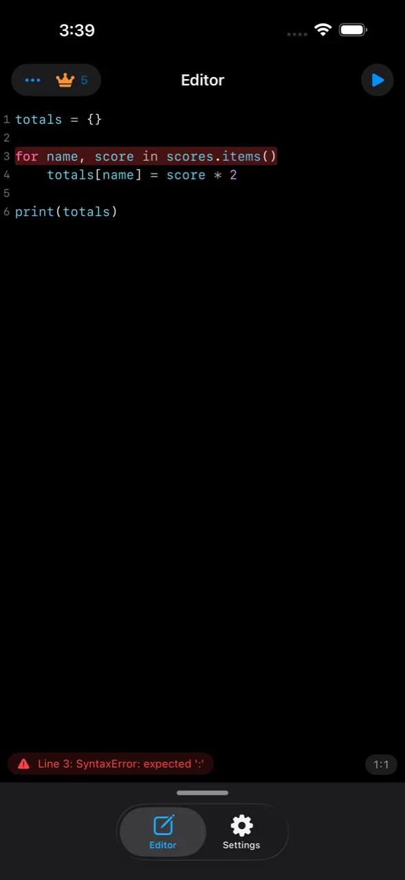 The editor marking line 3 with SyntaxError: expected ':'