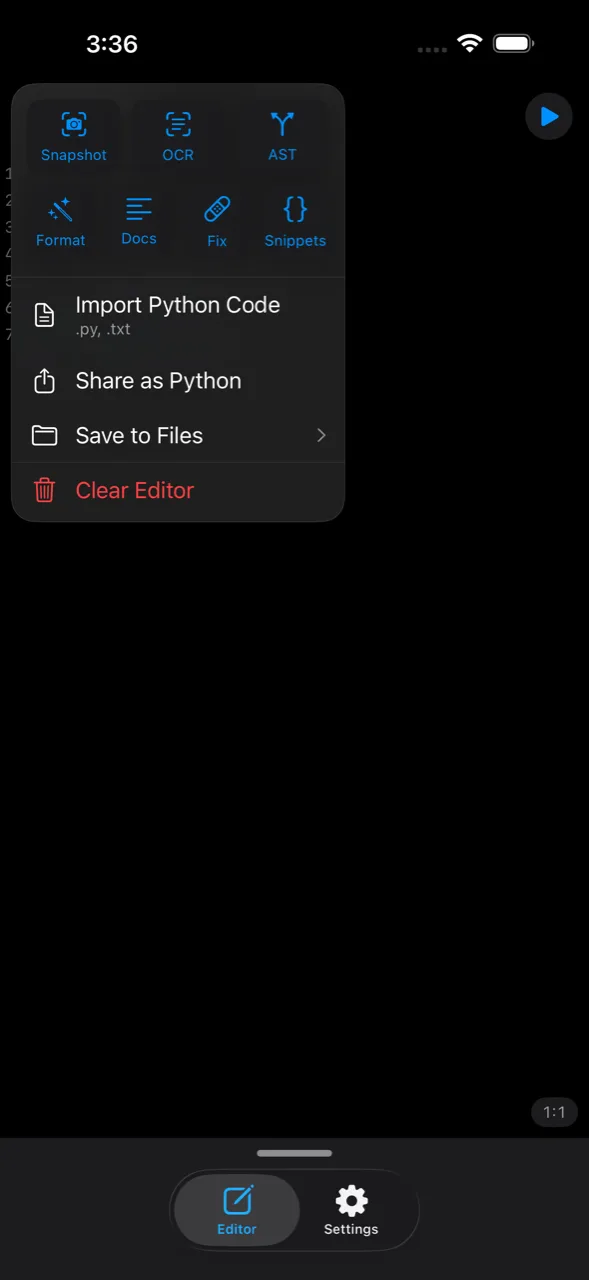 The tool menu open over the editor, showing Snapshot, OCR, AST, Format, Docs, Fix, Snippets and file actions