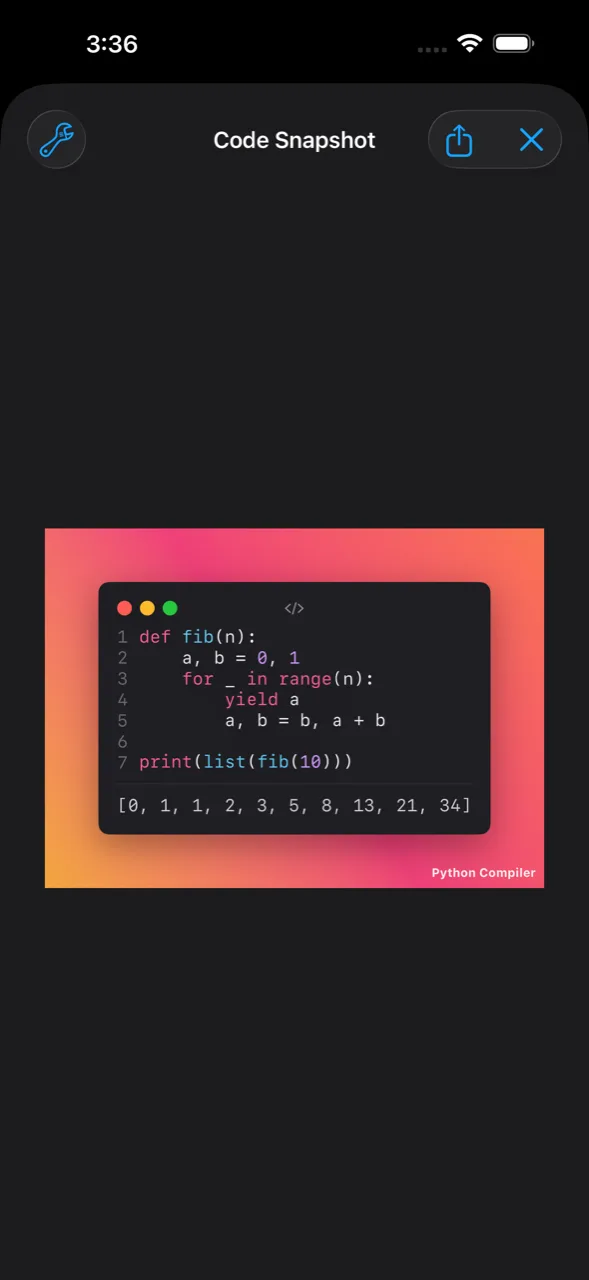 The Code Snapshot screen previewing an exportable image of the code and its output